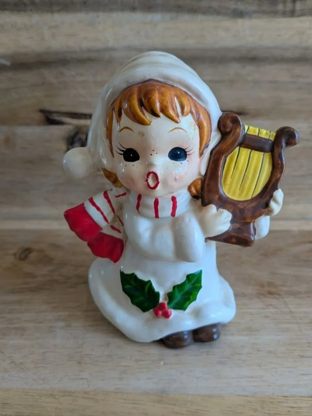 Girl Elf Playing Harp Ceramic Christmas Coin Bank Vintage Figure Whimsical 5